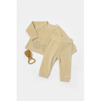 Set bluzita si pantaloni Elefant, 80%bumbac organic si 20% poliester - Stone, BabyCosy (Marime: 9-12 luni) JEMBC-CSYK6047-9