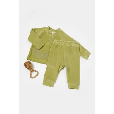 Set bluzita si pantaloni Elefant, 80%bumbac organic si 20% poliester - Verde, BabyCosy (Marime: 3-6 Luni) JEMBC-CSYK6048-3