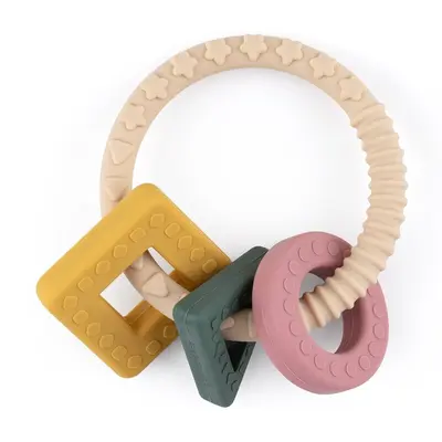 Petite&Mars - Inel pentru dentitie, Include 3 forme geometrice, Moale, Cu diverse texturi, Silicon, Fara BPA, 0 luni+, Multicolor BYN724818