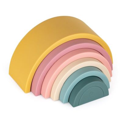 Petite&Mars - Jucarie pentru stivuire, Curcubeu, 14x7.5x5 cm, Silicon, Fara BPA, 6 piese, 12 luni+, Galben BYN599819
