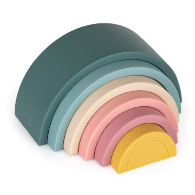 Petite&Mars - Jucarie pentru stivuire, Curcubeu, 14x7.5x5 cm, Silicon, Fara BPA, 6 piese, 12 luni+, Verde BYN599817