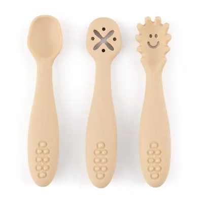 Petite&Mars - Set 3 lingurite, Diverse forme, Pentru supa, paste, alimente usoare, Dezvolta simturile si abilitatile senzoriale, Silicon, Fara BPA, 6 luni+, Bej BYN721818