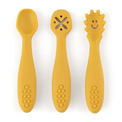 Petite&Mars - Set 3 lingurite, Diverse forme, Pentru supa, paste, alimente usoare, Dezvolta simturile si abilitatile senzoriale, Silicon, Fara BPA, 6 luni+, Galben BYN721819