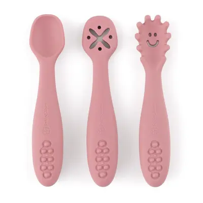 Petite&Mars - Set 3 lingurite, Diverse forme, Pentru supa, paste, alimente usoare, Dezvolta simturile si abilitatile senzoriale, Silicon, Fara BPA, 6 luni+, Roz BYN721820