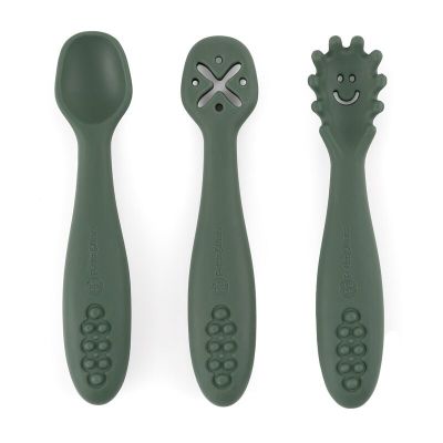 Petite&Mars - Set 3 lingurite, Diverse forme, Pentru supa, paste, alimente usoare, Dezvolta simturile si abilitatile senzoriale, Silicon, Fara BPA, 6 luni+, Verde BYN721817