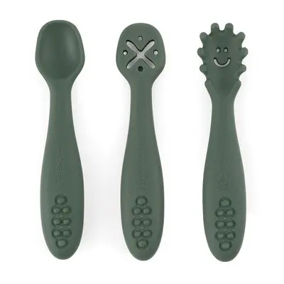 Petite&Mars - Set 3 lingurite, Diverse forme, Pentru supa, paste, alimente usoare, Dezvolta simturile si abilitatile senzoriale, Silicon, Fara BPA, 6 luni+, Verde BYN721817