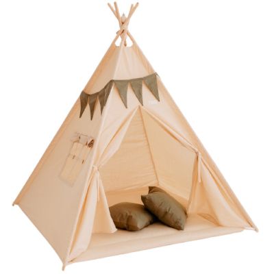 Set Cort de joaca, Beige teepee, 110x110x160 cm, salteluta, ghirlanda, 2 pernite si kit fixare MRD11872