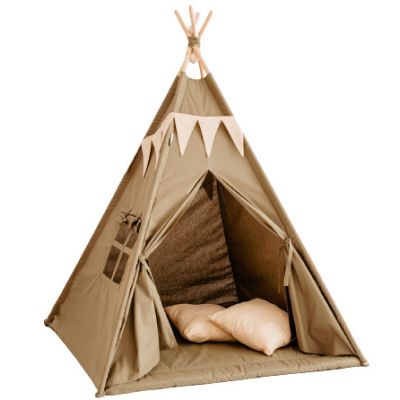 Set Cort de joaca, Olive teepee, 110x110x160 cm, salteluta, ghirlanda, 2 pernite si kit fixare MRD11873