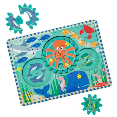 Puzzle educativ din lemn, cu rotite dintate, oceanul, 8 piese, pentru copii 3 ani+, melissa&doug 31003 - okemd31003