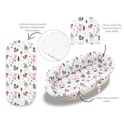 Set pentru landou/cosulet, MimiNu, Cu protectie, saltea si pernuta, Din bumbac certificat Oeko Tex Standard 100, Design, Fox BYN6426972024853