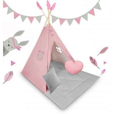 Cort de joaca pentru copii cu ghirlanda si 2 pernite nukido 116 x 116 x 165 cm - roz edeedi740604