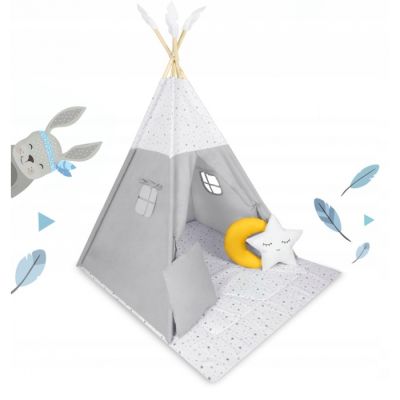 Cort de joaca pentru copii cu salteluta si 3 pernite nukido 116 x 116 x 165 cm - gri edeedi740601