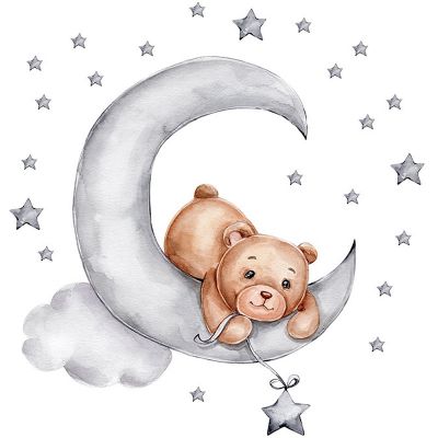 Sticker Decorativ Pentru Copii, Autoadeziv, Ursulet de plus intins pe luna, 62x60 cm EKDWS63037