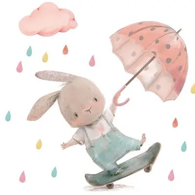 Sticker Decorativ Pentru Copii, Autoadeziv, iepuras pe skateboard, 62x62 cm EKDWS63038