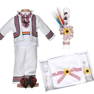 Set botez traditional baiat, trusou botez national, lumanare si costum popular, Denikos&reg; C9298 NIK5993