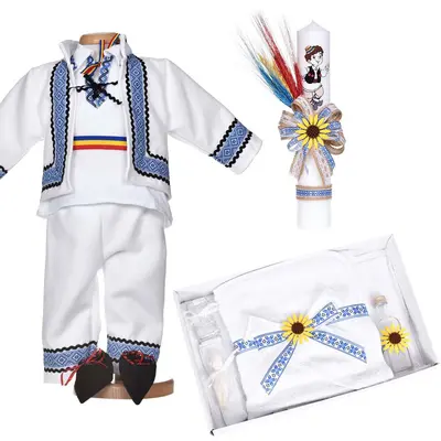 Set botez traditional baiat, trusou botez national, lumanare si costum popular, Denikos&reg; C9299 NIK5994