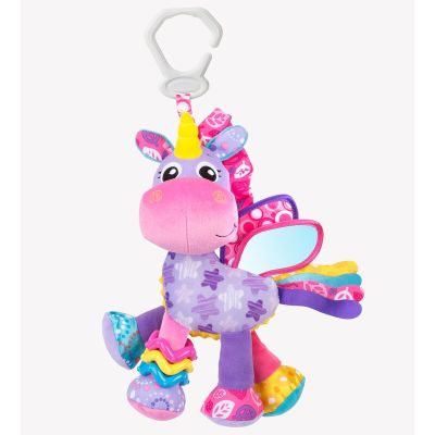 Jucarie pentru carucior, scoica auto si patut, Playgro, Cu jucarie de dentitie, Cu sunete, Activity Friend Stella Unicorn, 39 cm BYN186981