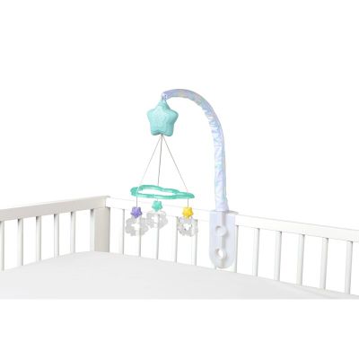 Carusel muzical, Playgro, Cu stelute si norisori, Pana la 30 de minute de muzica linistitoare, Cu 3 moduri de functionare: lumina si muzica, doar lumina sau doar muzica, Astasabil la patut, Fara BPA, Dreamtime Soothing Light Up Mobile BYN0187713