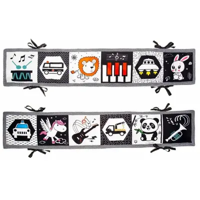 Carticica senzoriala, Bocioland, Cu 12 imagini contrastante, Fosneste cand este atinsa, Cu panglici pentru atasare la patut, 15x80,5 cm, 0 luni+, Rabbit BYNBL090