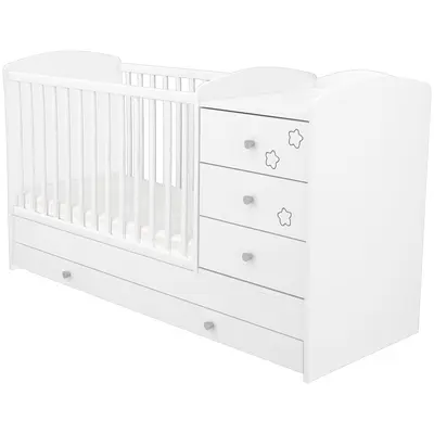 Patut copii transformabil din lemn cu 4 sertare hubners matei kombi 120x60 cm alb cu stelute hubpth4smkas