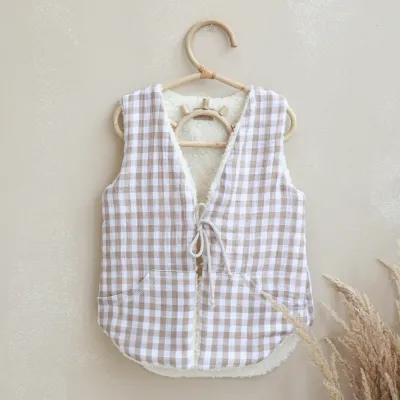 Vesta Pentru Copii, Reversibila, Dublat, Muselina Carouri Bej Si Tesatura Bucle Crem, Teddy By Babyly, 104 110, 3-5 Ani Pjb4196105