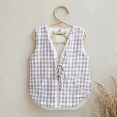 Vesta Pentru Copii, Reversibila, Dublat, Muselina Carouri Bej Si Tesatura Bucle Crem, Teddy By Babyly, 92 98, 1-3 Ani Pjb4196051