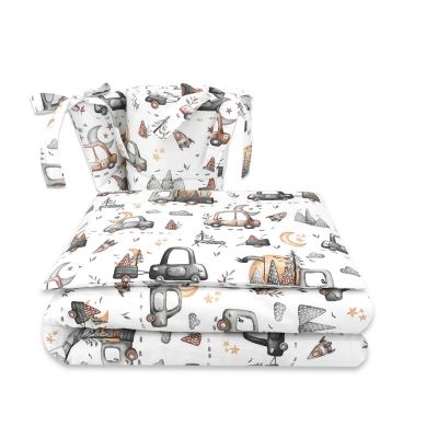 Lenjerie patut cu 3 piese, MimiNu, Pentru patut 120x60 cm, Cu protectie laterala, Din bumbac certificat Oeko Tex Standard 100, Design, Cars Grey BYN6426972025324