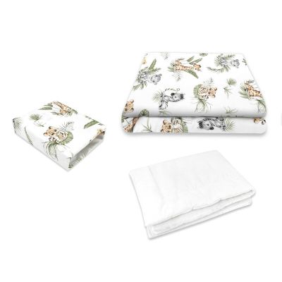 Lenjerie patut cu 3 piese, Qmini, Cu cearceaf 120x60 cm, Din bumbac certificat Oeko Tex Standard 100, Cu pilota si husa pilota, 135x100 cm, Safari BYN6426972025522