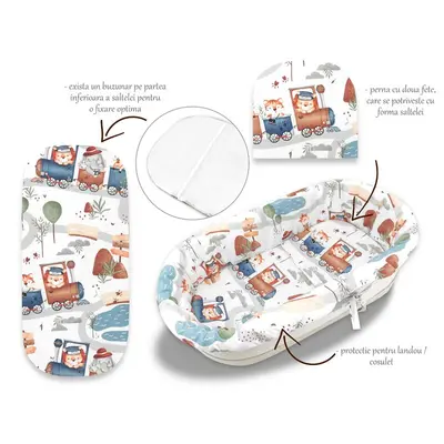 Set pentru landou/cosulet, MimiNu, Cu protectie, saltea si pernuta, Din bumbac certificat Oeko Tex Standard 100, Design, Zoo in train BYN6426972025041