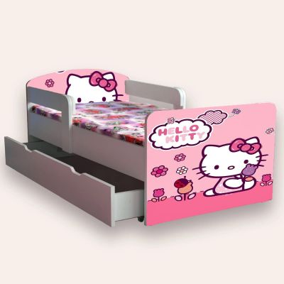 Pat Copii Hello Kitty Mic 2-8 Ani Cu Manere, Cu Sertar Si Saltea 140x70 Cmg46520903795028