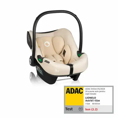 Scoica auto, Lionelo, i-Size Astrid, Include baza Isofix, 0-13 Kg, 40-87 cm, Cu maner si capotina reglabile, Cu protectie laterala avansata, Salteluta confortabila, Testat ADAC, Conform cu R129, Bej BYNLO-ASTRID_I-SIZE_BEIGE+BASE_BLACK