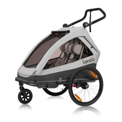 Carucior si remorca de bicicleta, Lionelo, Cama, Multifunctional, Pentru 1 sau 2 copii, Cu sistem de absorbtie a socurilor SIQ, Geamuri cu protectie solara, Gri BYNLO-CAMA_GREY_STONE
