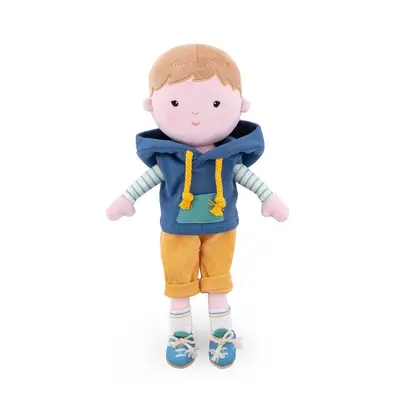 Papusa, Petite&Mars, Max 14 x 34 cm, 0 luni+, Ambalaj cu mini puzzle din carton, 35 cm, Albastru BYN620521