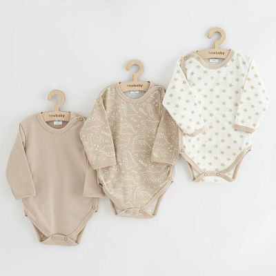 Set 3 piese, New Baby, Classic II, Include 3 body-uri cu maneca lunga, Marime 50, Din bumbac 100%, Beige BYN54443