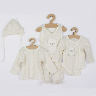 Set 4 piese, New Baby, Include bluza, body cu maneca lunga, salopeta fara maneci, caciulita, Marime 56, Din bumbac 100%, Sweet Bear Beige BYN41168