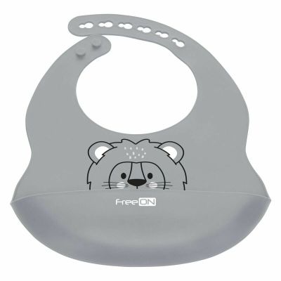 Baveta, FreeON, Moale, Din silicon, Fara BPA, Cu buzunar, 31 x 24 cm, Lion Grey BYN49430