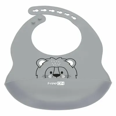 Baveta, FreeON, Moale, Din silicon, Fara BPA, Cu buzunar, 31 x 24 cm, Lion Grey BYN49430