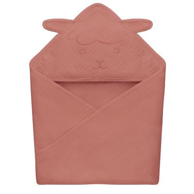 Prosop de baie, Lionelo, Cu gluga, Din muselina, 100% bumbac, 80x80 cm, Absorbtie eficienta, Rosu BYNLO-MUSLIN_HOODED_TOWEL_RED_CORAL