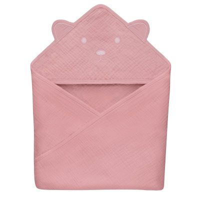 Prosop de baie, Lionelo, Cu gluga, Din muselina, 100% bumbac, 80x80 cm, Absorbtie eficienta, Roz BYNLO-MUSLIN_HOODED_TOWEL_PINK_BABY