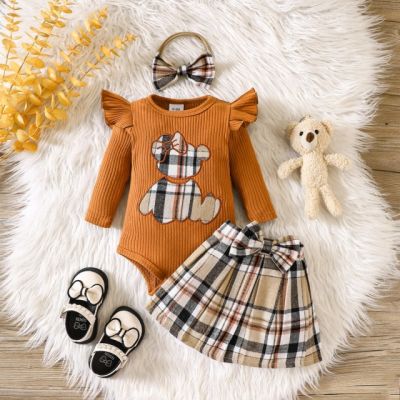 Costumas cu body maro si fustita in carouri - teddy mdhmm-352-r2