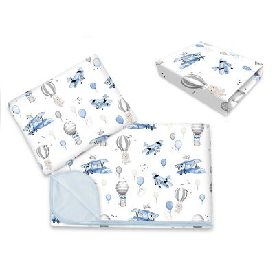 Lenjerie patut cu 3 piese, MimiNu, Cu cearceaf 120x60 cm, Din bumbac certificat Oeko Tex Standard 100, Cu paturica si pernuta, Blue Plane BYN6426972025652