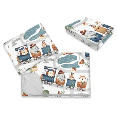 Lenjerie patut cu 3 piese, MimiNu, Cu cearceaf 120x60 cm, Din bumbac certificat Oeko Tex Standard 100, Cu paturica si pernuta, Design, Zoo in train BYN6426972025928