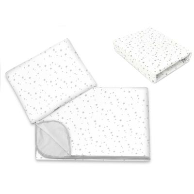 Lenjerie patut cu 3 piese, MimiNu, Cu cearceaf 120x60 cm, Din bumbac certificat Oeko Tex Standard 100, Cu paturica si pernuta, Mini Gray Stars BYN6426972025836