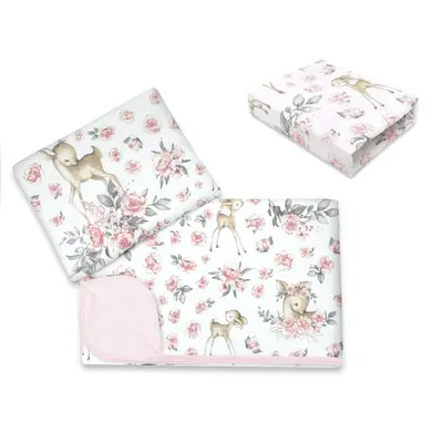 Lenjerie patut cu 3 piese, MimiNu, Cu cearceaf 120x60 cm, Din bumbac certificat Oeko Tex Standard 100, Cu paturica si pernuta, Sweet Deer Pink BYN6426972025881