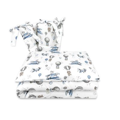 Lenjerie patut cu 3 piese, MimiNu, Pentru patut 120x60 cm, Cu protectie laterala, Din bumbac certificat Oeko Tex Standard 100, Blue Plane BYN6426972025591