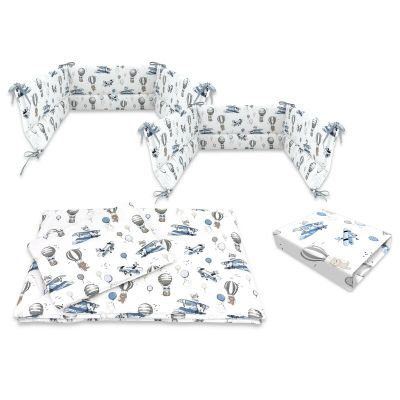 Lenjerie patut cu 5 piese, MimiNu, Cu cearceaf 120x60 cm, Pilota, Pernuta, 2 aparatori, Din bumbac certificat Oeko Tex Standard 100, Blue Plane BYN6426972026161
