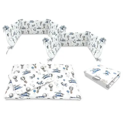 Lenjerie patut cu 5 piese, MimiNu, Cu cearceaf 120x60 cm, Pilota, Pernuta, 2 aparatori, Din bumbac certificat Oeko Tex Standard 100, Blue Plane BYN6426972026161