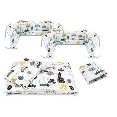 Lenjerie patut cu 5 piese, MimiNu, Cu cearceaf 120x60 cm, Pilota, Pernuta, 2 aparatori, Din bumbac certificat Oeko Tex Standard 100, Childrens Journey Grey BYN6426972026253