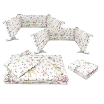 Lenjerie patut cu 5 piese, MimiNu, Cu cearceaf 120x60 cm, Pilota, Pernuta, 2 aparatori, Din bumbac certificat Oeko Tex Standard 100, Sweet Deer Pink BYN6426972026260