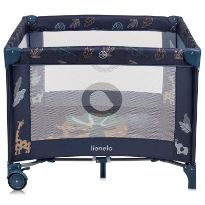 Tarc de joaca copii, Lionelo, Bonnie, Pana la 15 kg, 100 x 100 cm, Pliere compacta, Include geanta de transport, Din plasa, Cu intrare laterala cu fermoar, Cu roti, Cu salteluta din spuma, Conform cu EN12227, Albastru BYNLO-BONNIE_BLUE_NAVY